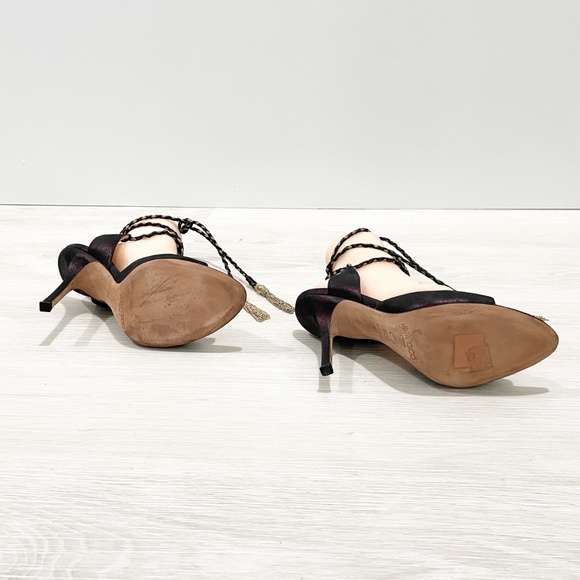 JIMMY CHOO: Bronze metallic, braided ankle-wrap, stiletto, gold tassel. Size 37 - Picture 7 of 7